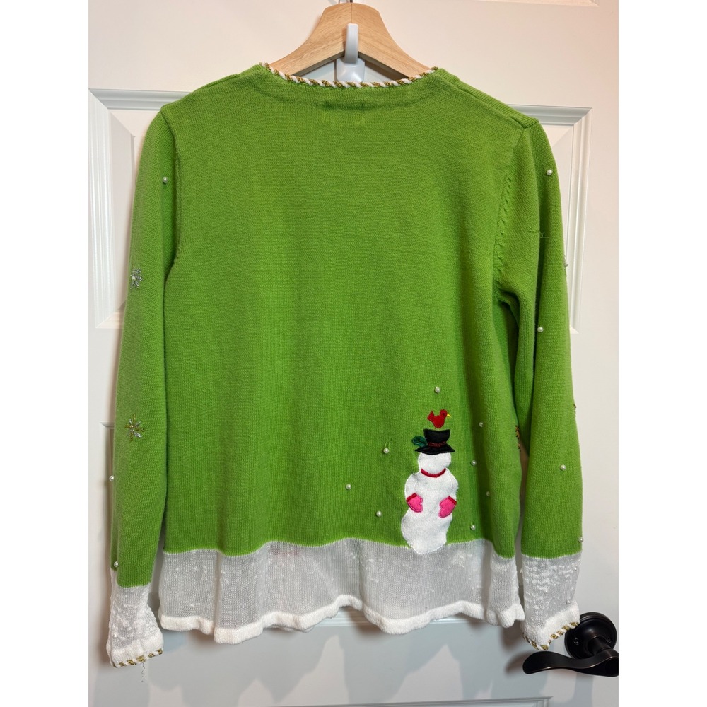Berek Womens Green Snowman Embellished Zip Up Holiday Christmas Sweater Medium - Picture 2 of 8